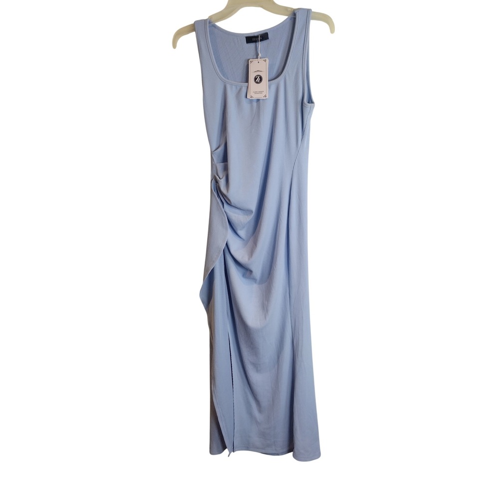 Zesica Light Blue Ribbed Ruched Side Slit Maxi Dress Sleeveless Scoop Neck SizeM